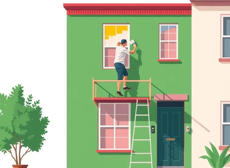 Peintre sur échafaudage traitant la façade d'une maison